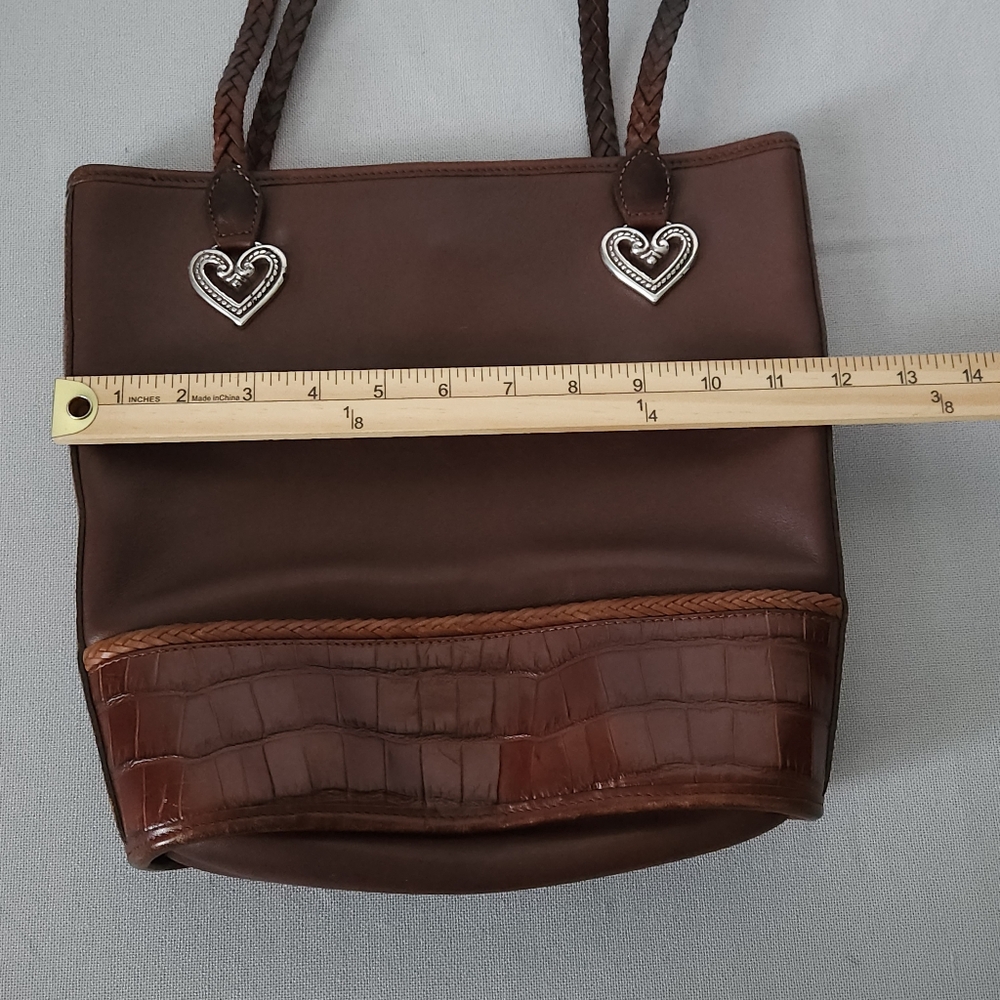 Brighton Leather Shoulder Tote Bag Brown Croc Embossed Trim Braided Straps Heart - Picture 9 of 12